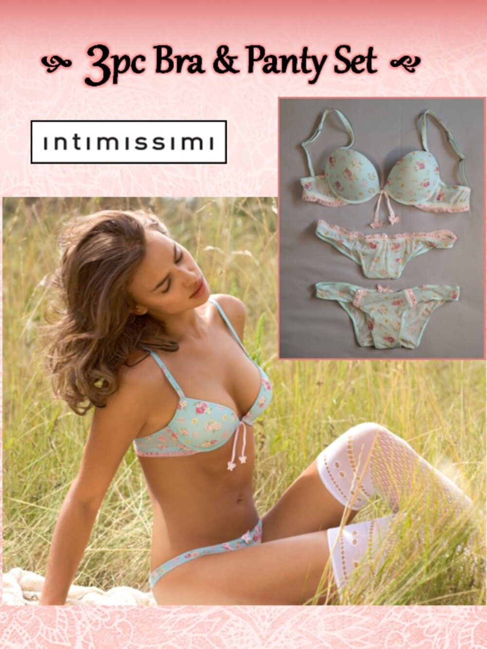 Intimissimi Bra & Panty Set, Blue w/Pink Butterfly, Sequins